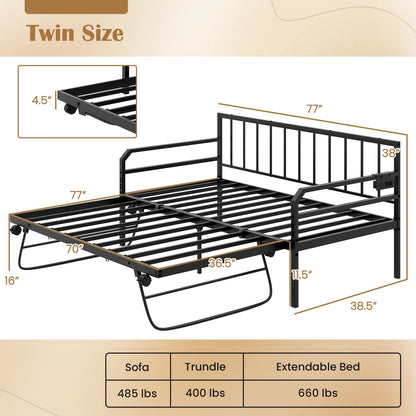 Goflame Twin Daybed with Trundle, Twin Bed Frame with Charging Station & LED Lights, Metal Trundle Bed Twin w/Steel Slats Support