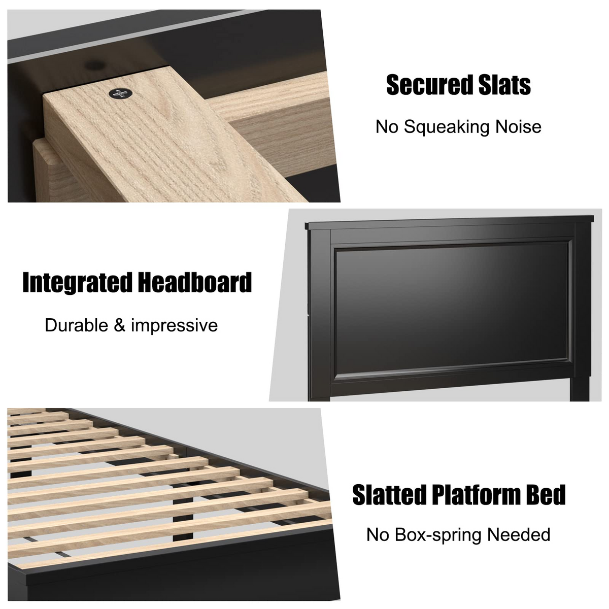 Queen/Full/Twin Size Platform Bed w/ Rubber Wood Legs & Integrated Headboard | Wooden Bed Frame