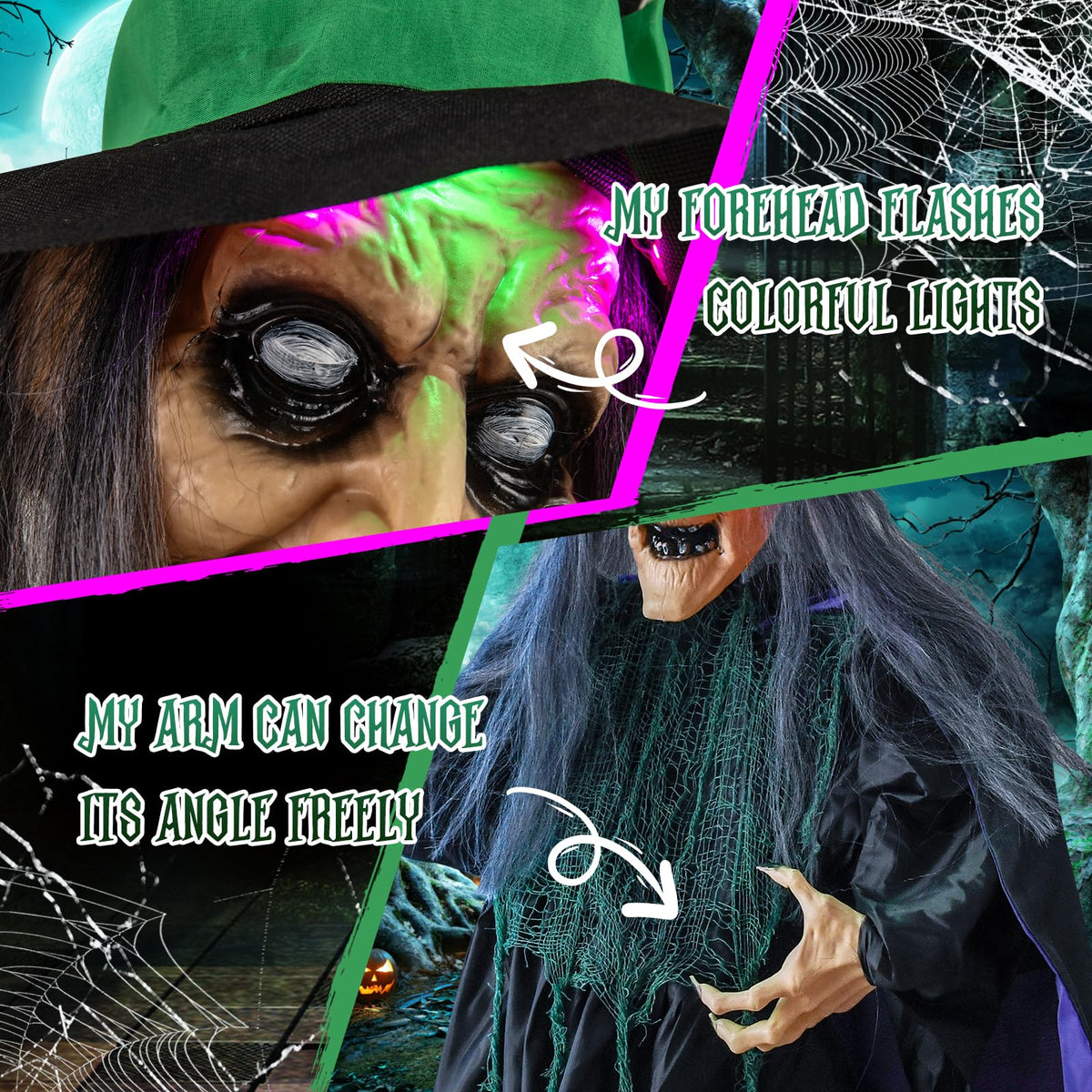 Goflame Witch with Broomstick Halloween Animatronic, Life Size Animated Halloween Prop with Laughing and Screaming Sound