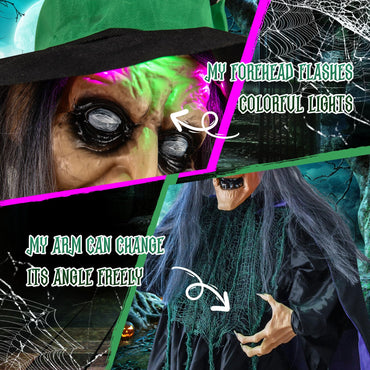 Goflame Witch with Broomstick Halloween Animatronic, Life Size Animated Halloween Prop with Laughing and Screaming Sound