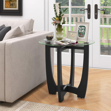Goflame Glass End Table, Round Side Table with Rubber Wood Frame & Tempered Glass Top, 23.5" Small Black Coffee Table