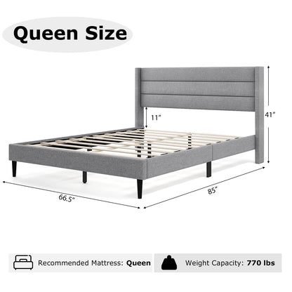 Goflame Queen/Twin Size Bed Frame, Modern Linen Upholstered Platform Bed with Wingback Headboard