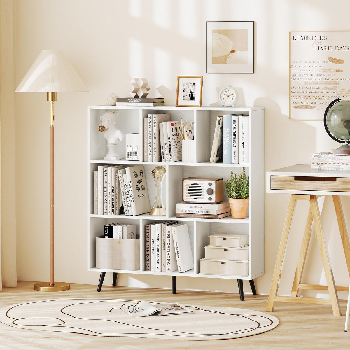 Goflame 3 Tier Modern Bookshelf with 5 Metal Legs for Living Room