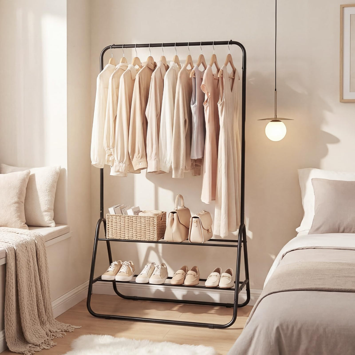 Goflame Heavy Duty Clothes Rack | Metal Garment Rack with Hanging Rod and Storage Shelves