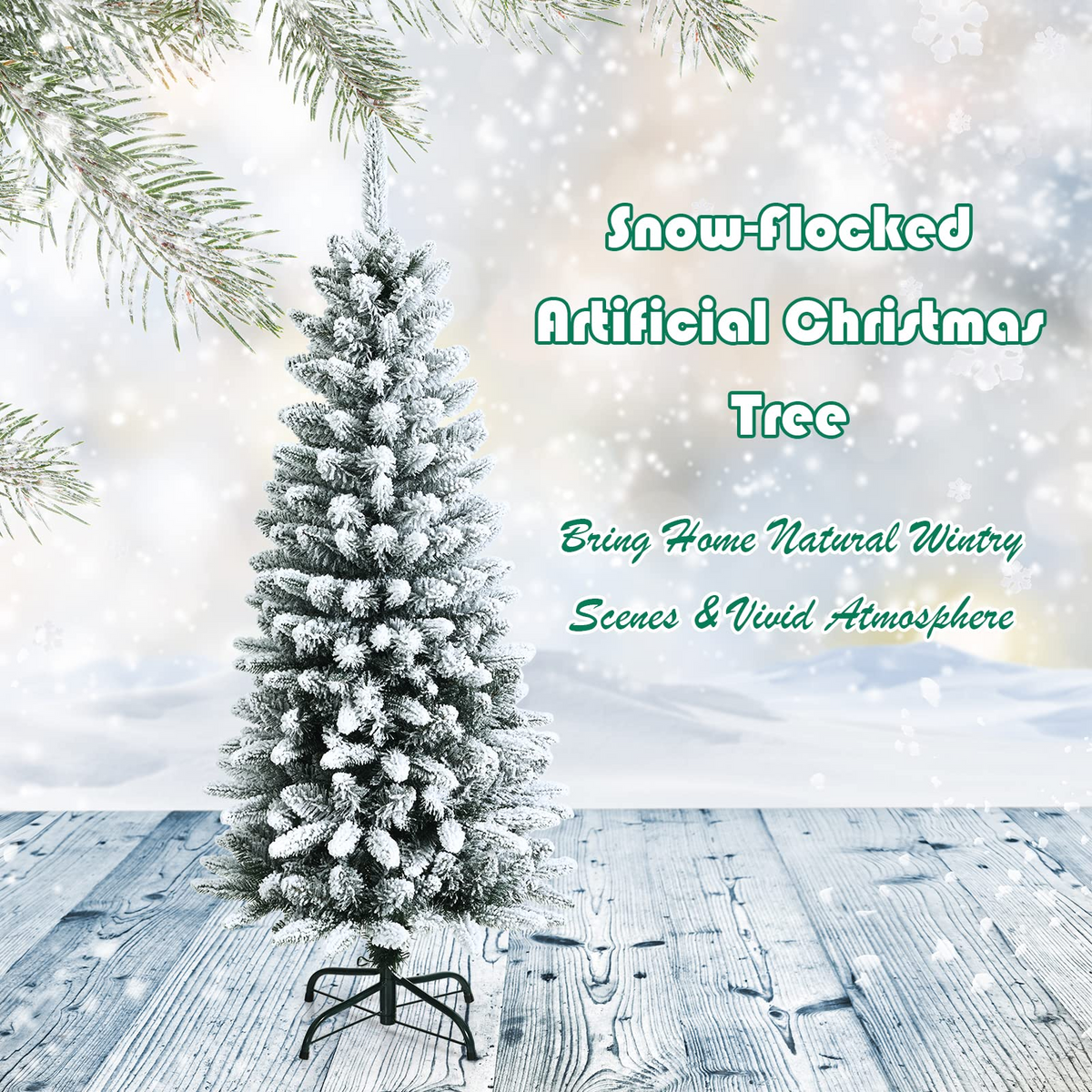 Goflame Snow Flocked Pencil Christmas Tree, Hinged Artificial Slim Xmas Tree - GoflameUS