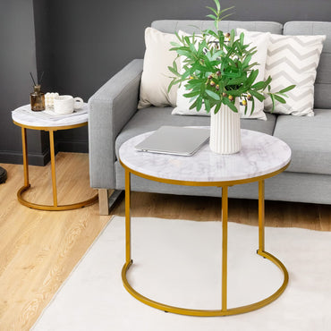 Goflame Nesting Coffee Table Set of 2, Round Stacking Side Tables with Wooden Tabletop & Powder Coated Steel Frame