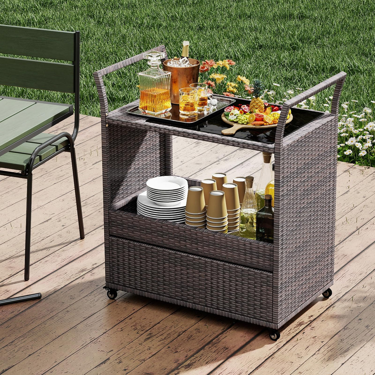 Goflame Rolling Wicker Cart W/Shelves and Big Drawer for Dining Room
