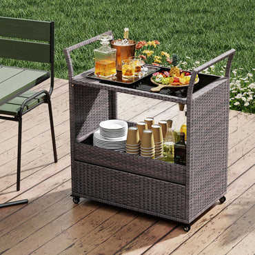 Goflame Rolling Wicker Cart W/Shelves and Big Drawer for Dining Room