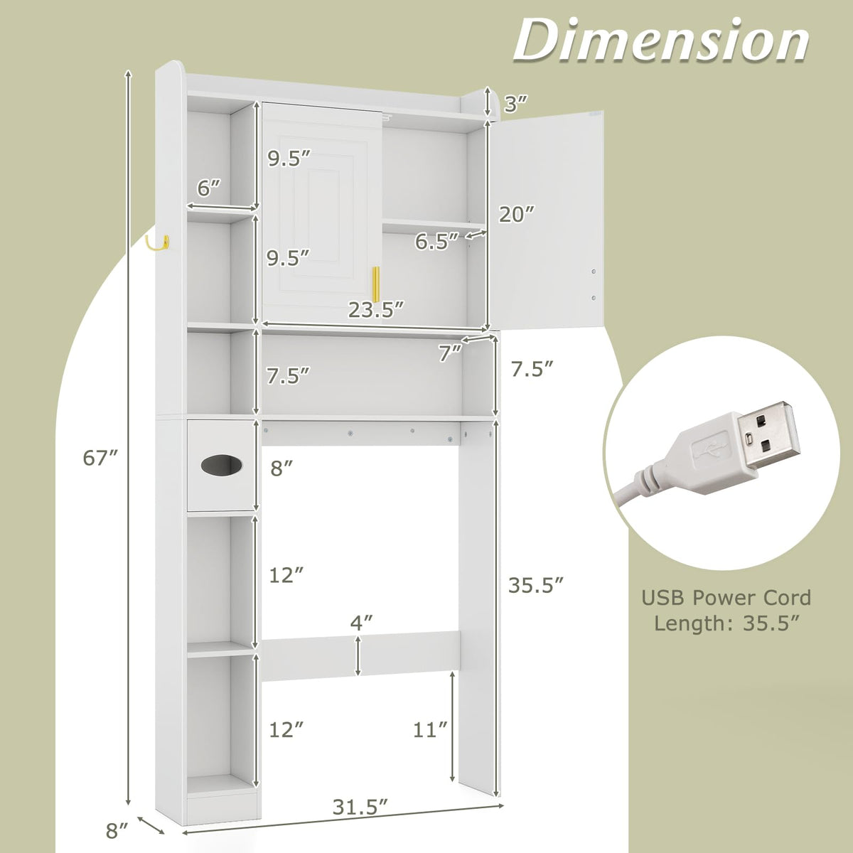 Goflame Over The Toilet Storage Cabinet with LED Light Doors Toilet Paper Holder