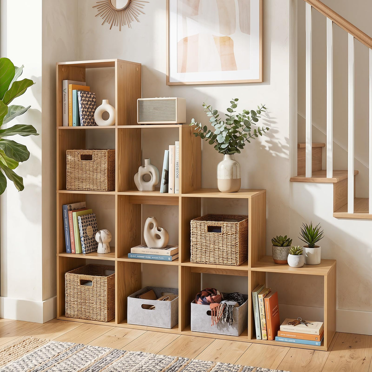 Goflame 51" Wooden 10-Cube Stepped Bookcase for Living Room