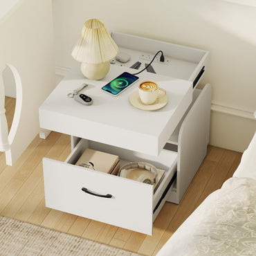 Goflame Nightstand with Charging Station Modern Bedside Table for Living Room Bedroom Office