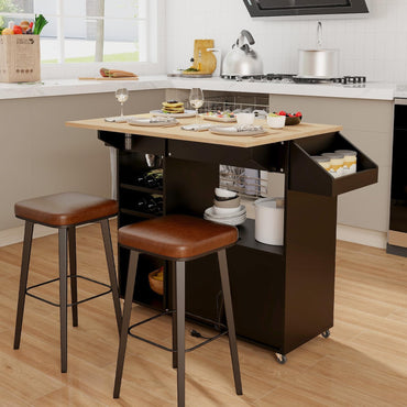 Goflame Rolling Kitchen Island Cart with Drop Leaf, Power Outlet, Spice Rack, 12 Wine Rack