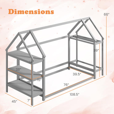 Goflame Twin Floor Bed, Wood Montessori Floor Bed with Detachable 3 Tier Storage Bookshelf & Clothes Rack