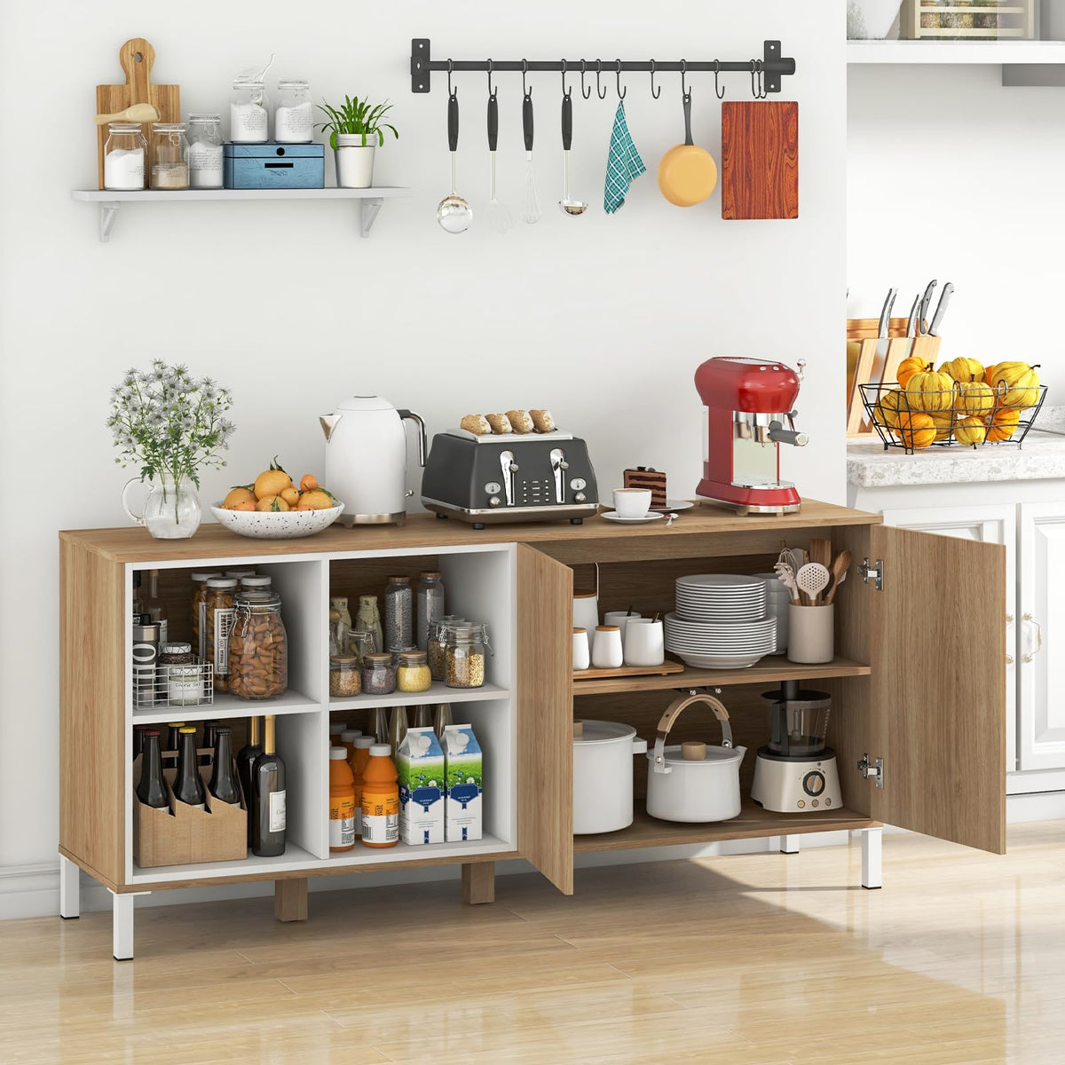 Goflame 63” Buffet Cabinet with Storage, Farmhouse Kitchen Sideboard w/ 4 Cubes, Adjustable Shelves & Pop-up Doors