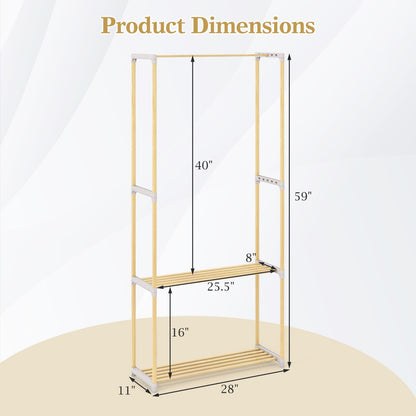 Goflame Pine Wood Clothes Rack with 2-Tier Open Storage Shelf for Hanging Clothes
