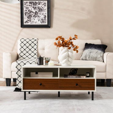 Goflame Rectangular Coffee Table with Storage, 2 Tier Wood Tea Table with 2 Drawers