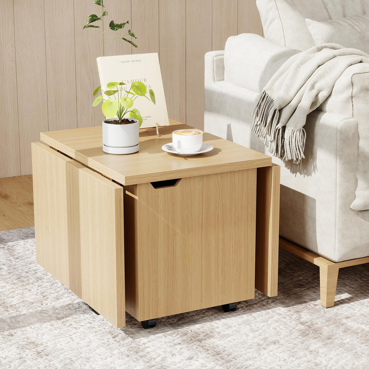 Goflame Folding Coffee Table 48 Inch Drop Leaf Extendable Center Table with Storage Cabinet & Wheels