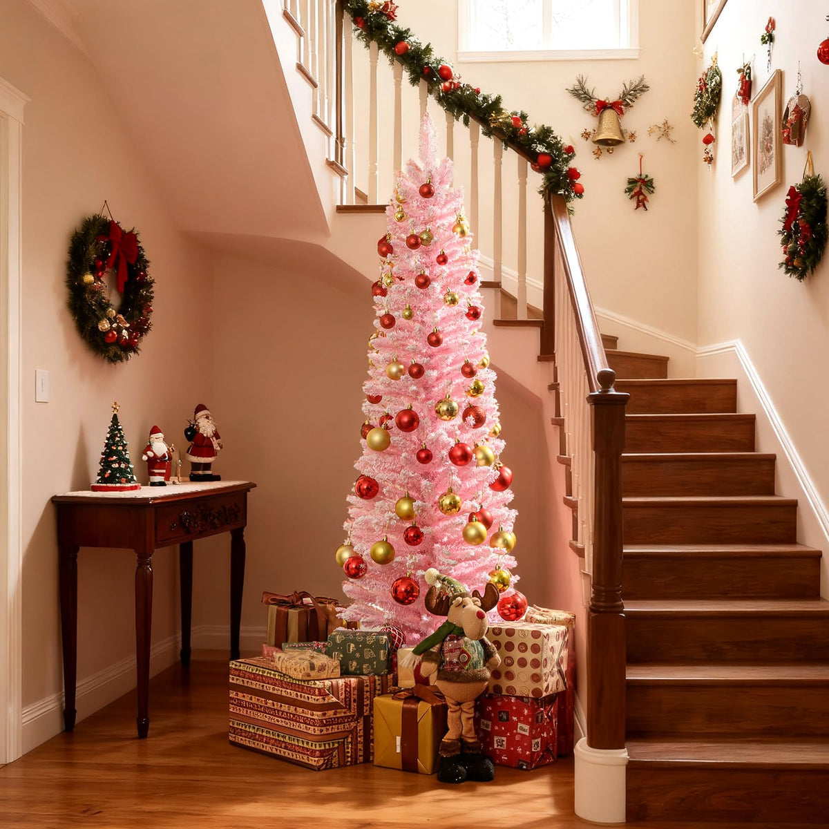Goflame 5ft / 6ft Pink Slim Pencil Christmas Tree | Snow Flocked Skinny Xmas Full Tree