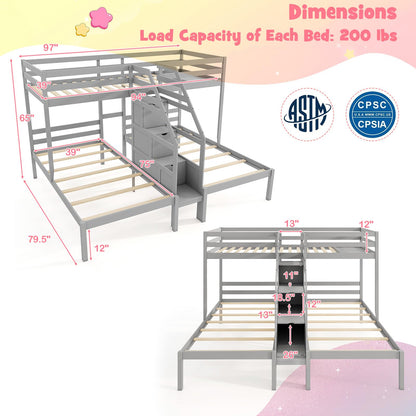 Goflame Twin Over Twin & Twin Bunk Bed Triple Bunk Beds with 4-Step Storage Stair