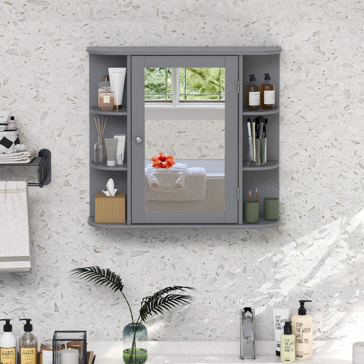 Goflame Mirrored Bathroom Medicine Cabinet - Wall Mounted Bathroom Hanging Cabinet with Single Door