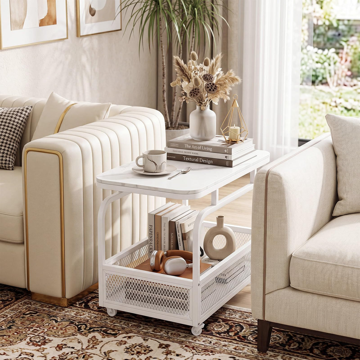 Goflame Rolling Side Table | 2-Tier End Table with Mesh Storage Basket (1/2)