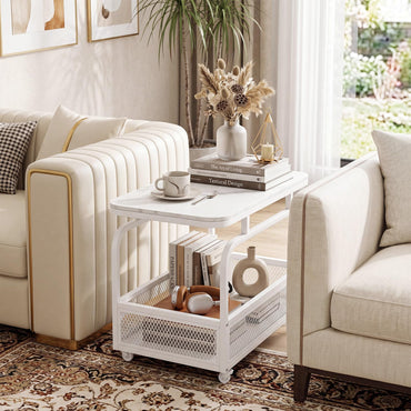 Goflame Rolling Side Table | 2-Tier End Table with Mesh Storage Basket (1/2)