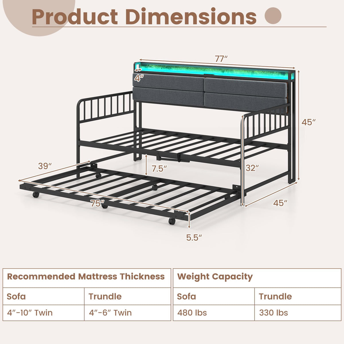 Goflame Daybed with Trundle Twin Bed Frame