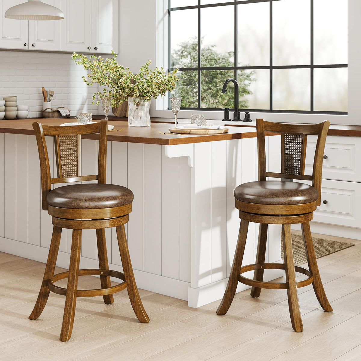 Goflame 25" Bar Stools Set Swivel Counter Height Bar Chairs with PE Rattan Back