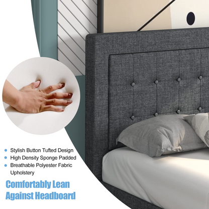 Modern Twin Size Platform Bed w/Button Tufted Headboard | Upholstered Bed Frame