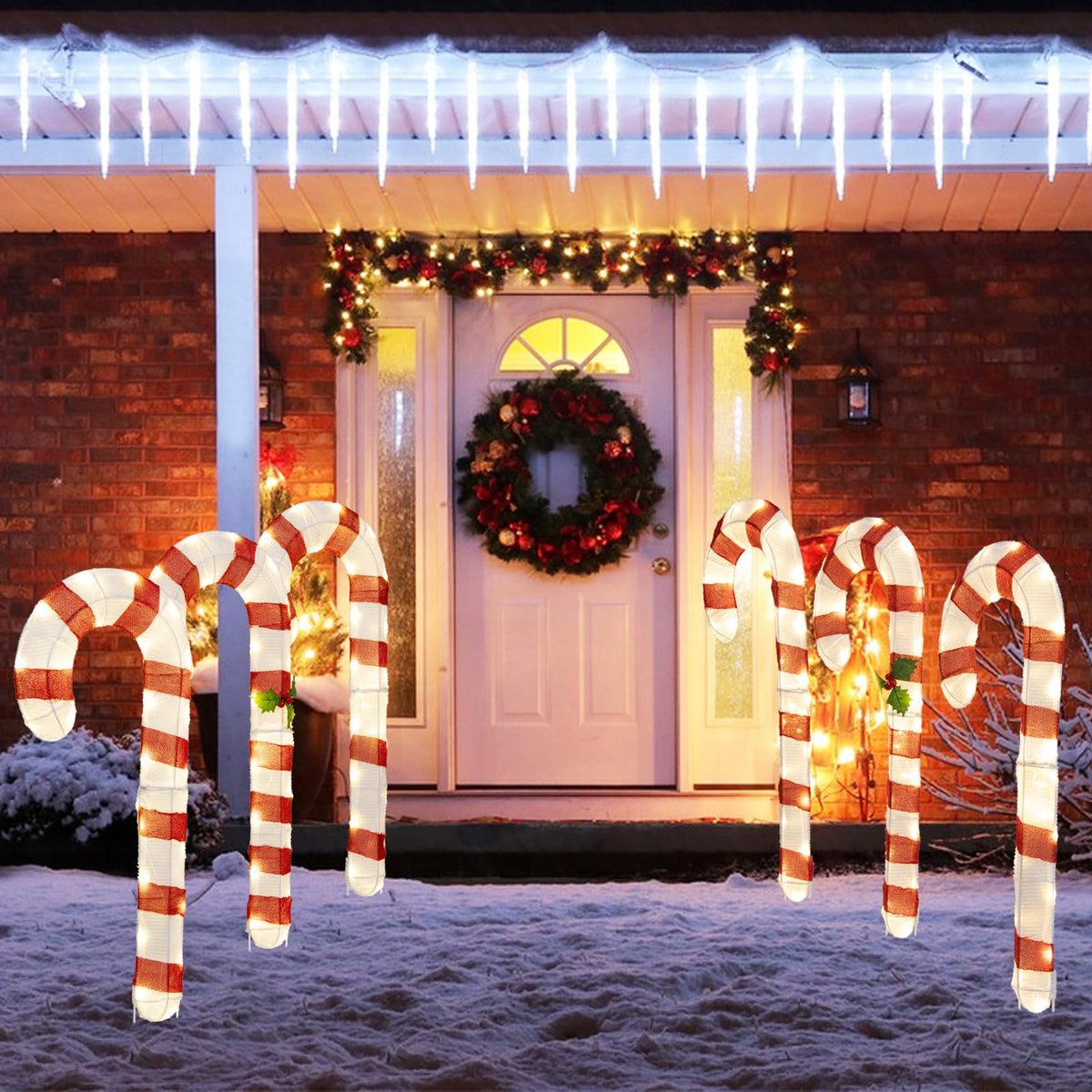 Goflame Lighted Candy Canes, Set of 3 Christmas Tinsel Candy Cane Decoration with 75 Warm White LED Lights