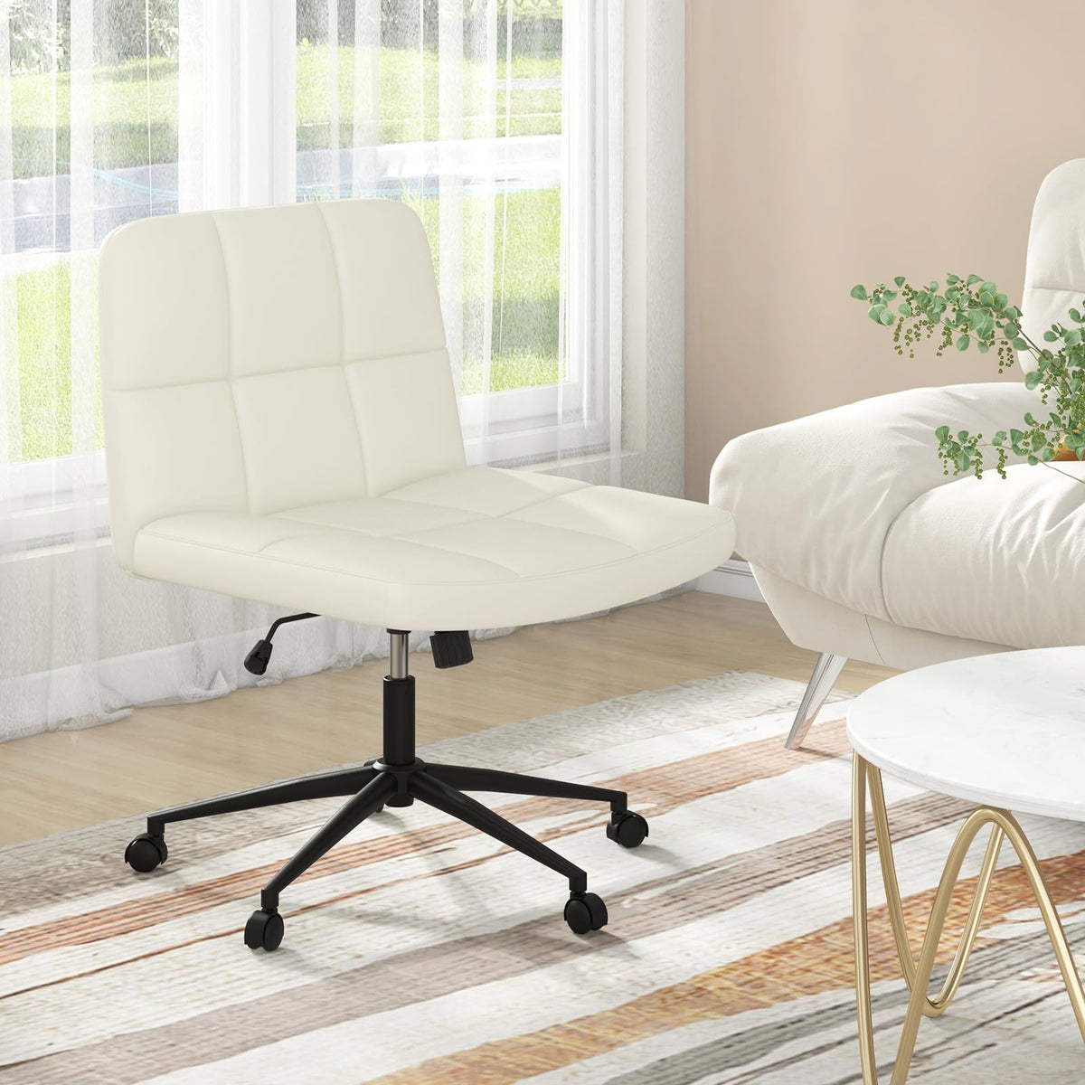 Goflame Criss Cross Chair with Wheels, PU Leather Cross Legged Office Chair, Height-adjustable Swivel Vanity Chair