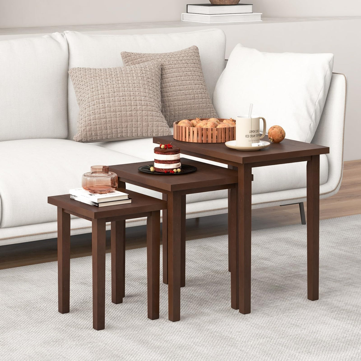 Goflame Nesting Tables Set of 3, Farmhouse Stacking Side Tables with Rubber Legs