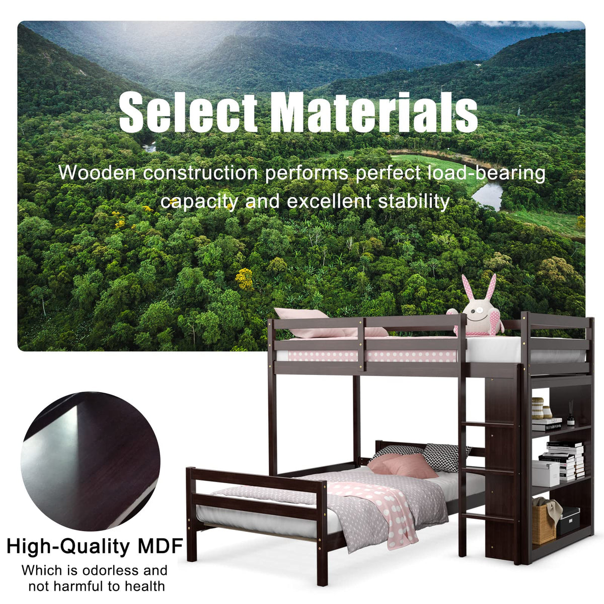 Goflame Twin Over Twin Loft Bed w/ Bookcase, Bunk Bed w/ 12.5" Full-Length Guardrail & Ladder