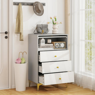 Goflame 3 Drawer Dresser, Modern Storage Cabinet w/Flip Up Fluted Glass Door & Pull-Out Drawers