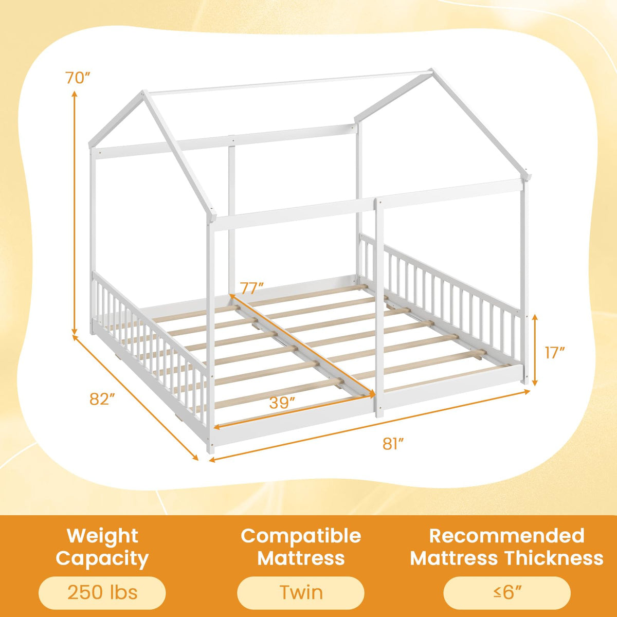 Goflame Double Twin Floor Beds for 2 Kids, Wood Twin Size House Beds with Safety Guardrails, White