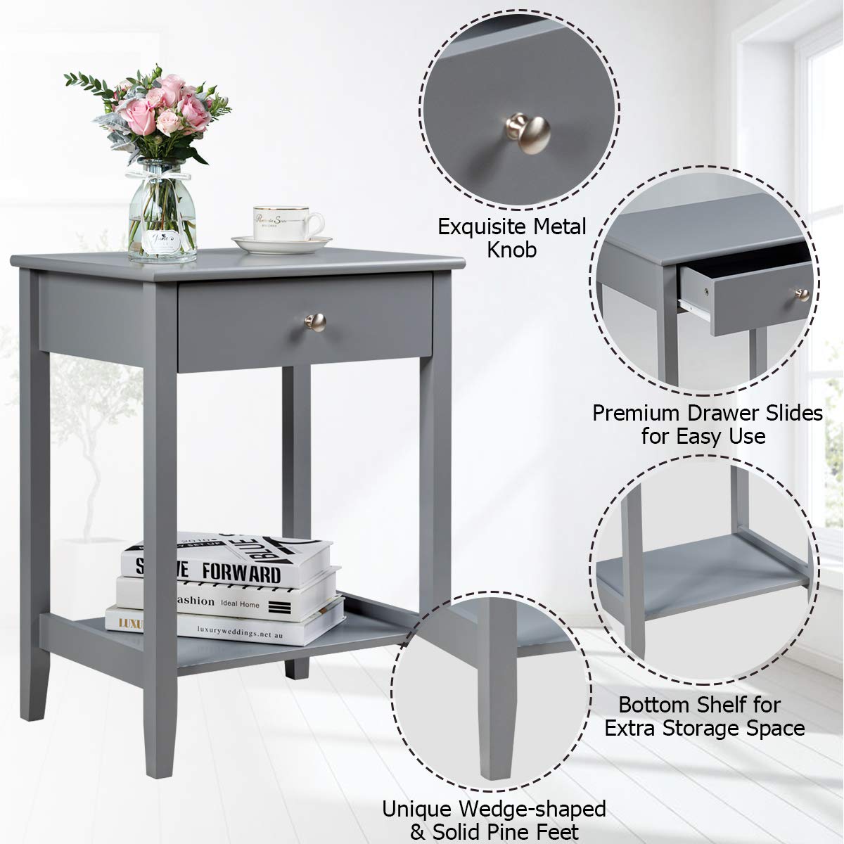 Nightstand Wooden 2-Tier Couch Sofa Side Table with Drawer, End Table