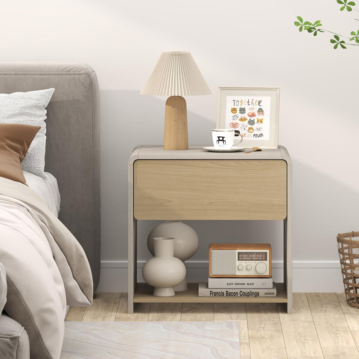 Goflame Modern Nightstand with Drawer Set of 1/2 Storage Open Shelf
