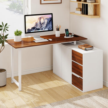 54.5” L Shaped Computer Desk with Power Outlet, Reversible Corner Desk with File Cabinet and 3 Drawers