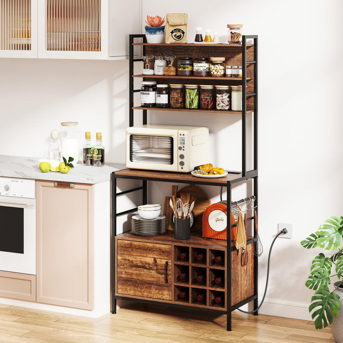 Goflame Bakers Rack with Power Outlet, 67” Microwave Stand with Storage Cabinet, Spice Rack