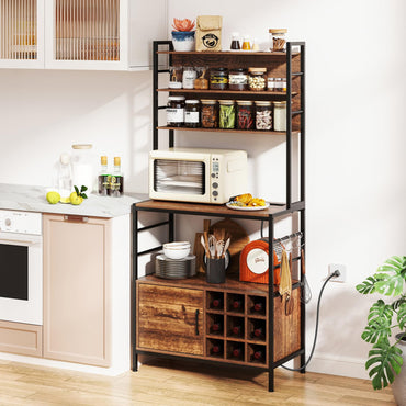 Goflame Bakers Rack with Power Outlet, 67” Microwave Stand with Storage Cabinet, Spice Rack