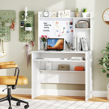 Goflame White Computer Desk with Hutch