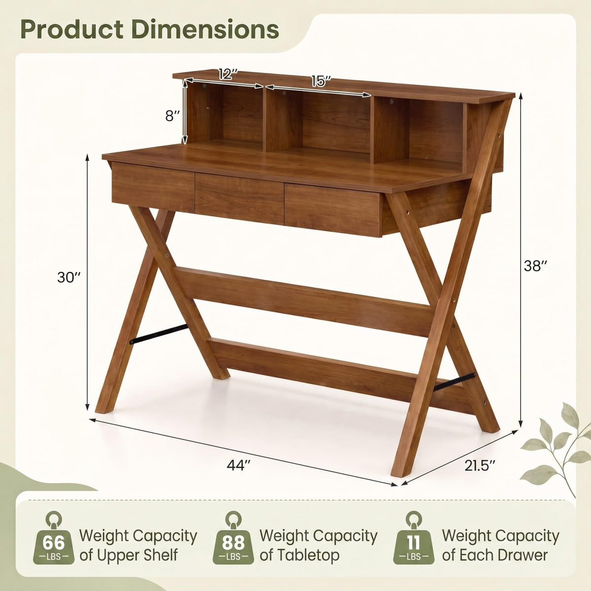 GOFLAME Study Writing Desk with 3 Storage Drawers for Bedroom