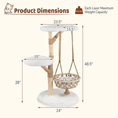48.5" Solid Wood Cat Tree, Natural Branch Modern Kitten Tower w/ Hanging Cradle, Jute Scratching Post, Perch, Padded Platform, Soft Plush, Luxury Condo, 4-Tier Indoor Cat Climbing Furniture