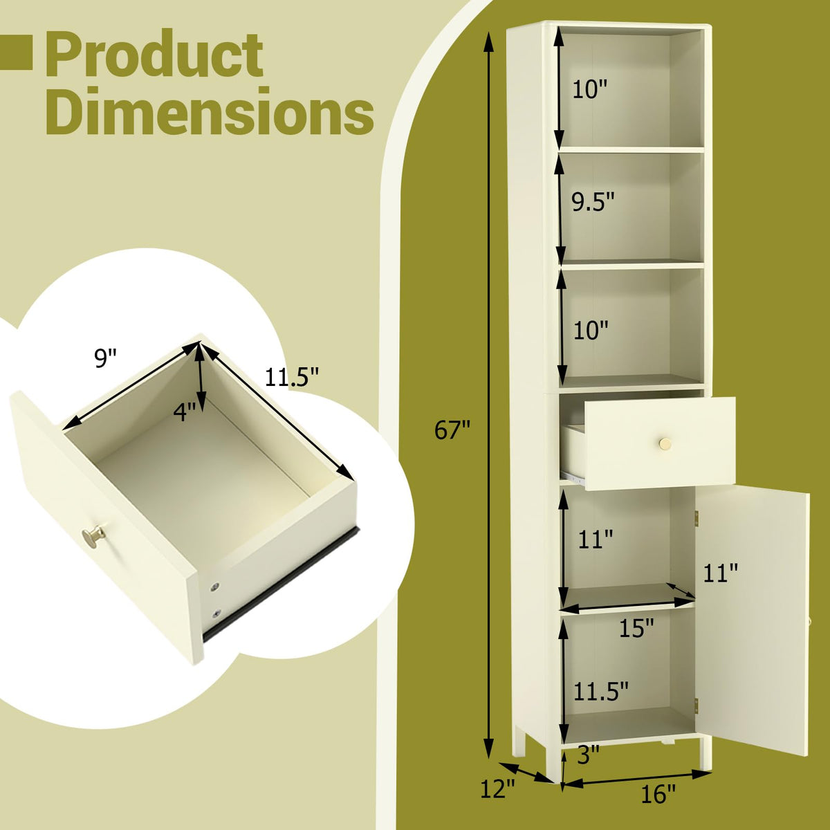 Goflame 67 Inch Tall Bathroom Cabinet, Narrow Floor Cabinet with Fluted Door