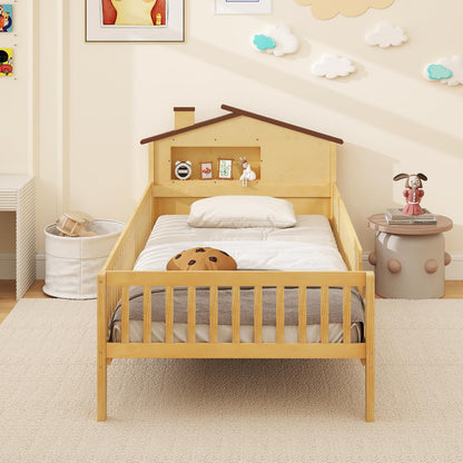 Goflame Twin Bed Frames for Kids, Solid Wood Montessori Bed with House-Shaped Headboard & Built-in Storage Shelf