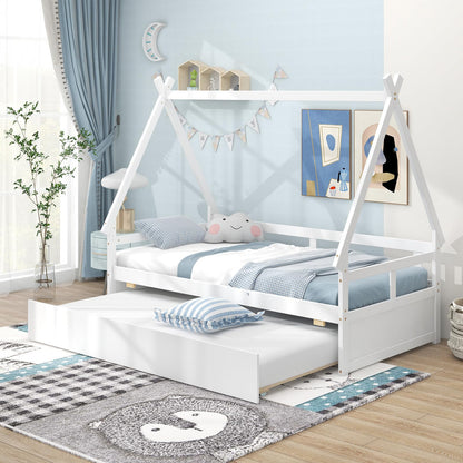 Goflame Twin House Bed with Trundle, Wood Montessori Tent Bed Frame with Safety Guardrail