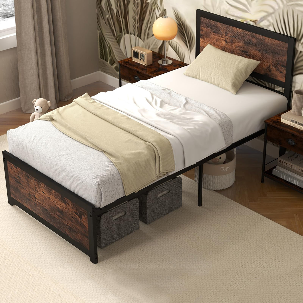 Goflame Twin Bed Frames for Kids, Industrial Metal Platform Bed with Headboard