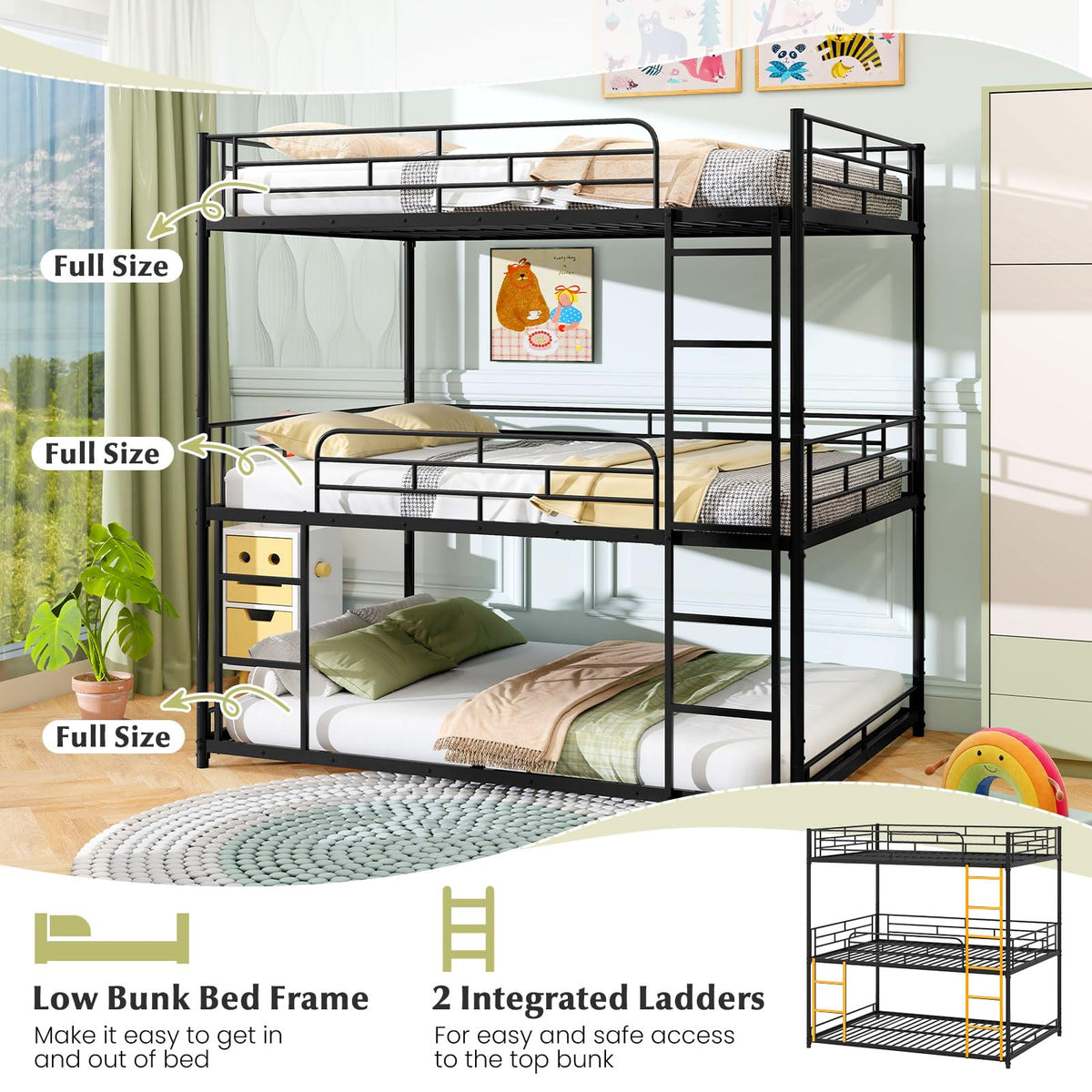Goflame Metal Full Over Full Over Full Bunkbeds with Safety Guardrails & 2 Ladders