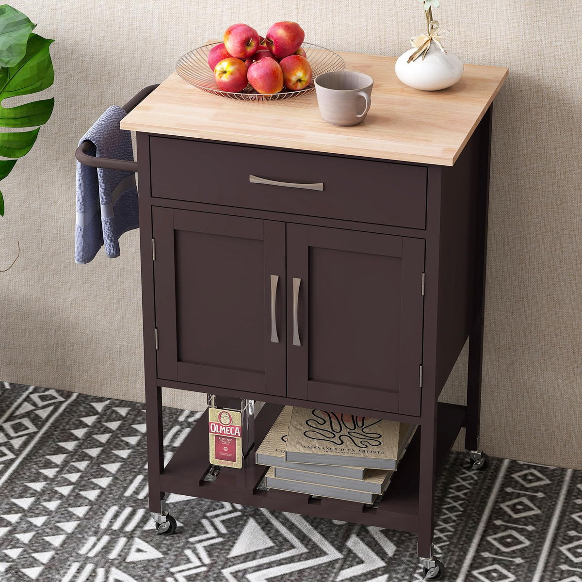 Goflame Rolling Kitchen Island Cart, Mobile Serving Cart with Drawer, 2-Door Storage Cabinet, Storage Shelf