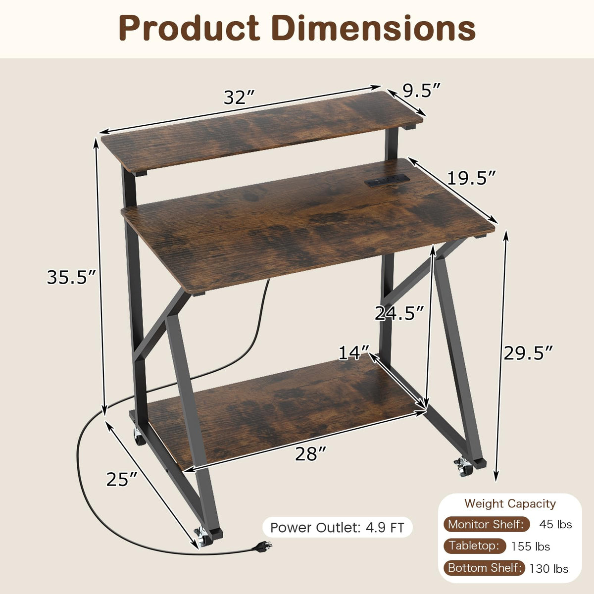 Goflame Rolling Small Desk with Storage | Compact Computer Desk for Small Spaces with Charging Station